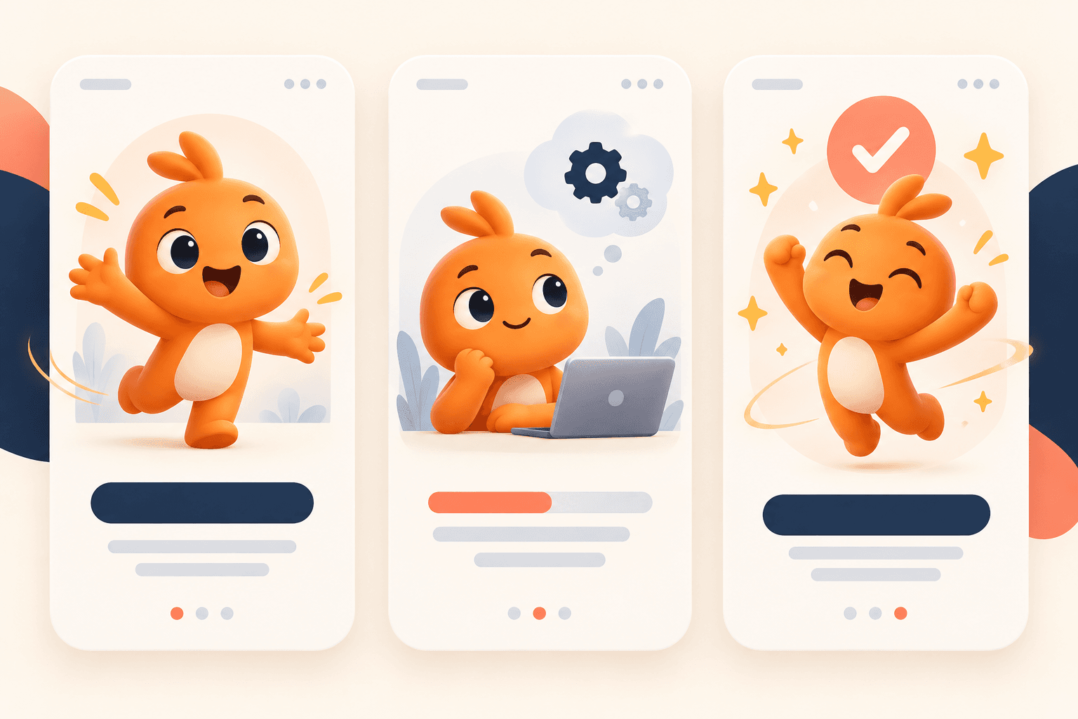 An orange animated mascot shown welcoming a user, thinking during a task, and celebrating completion in three app states