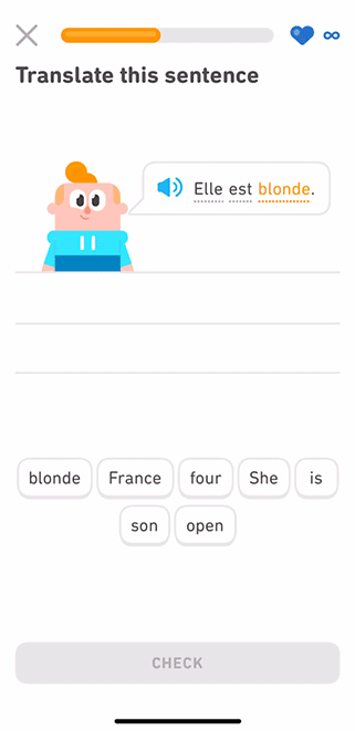 Animated Duolingo character celebrating after a learner answers an exercise correctly