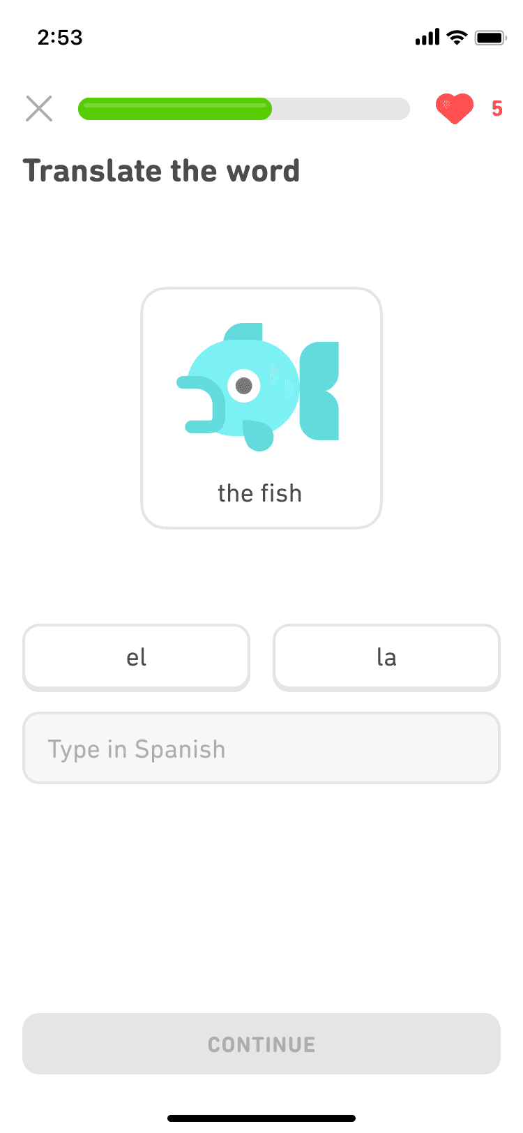 Duolingo exercise screen showing a short interactive language question with visual answer choices