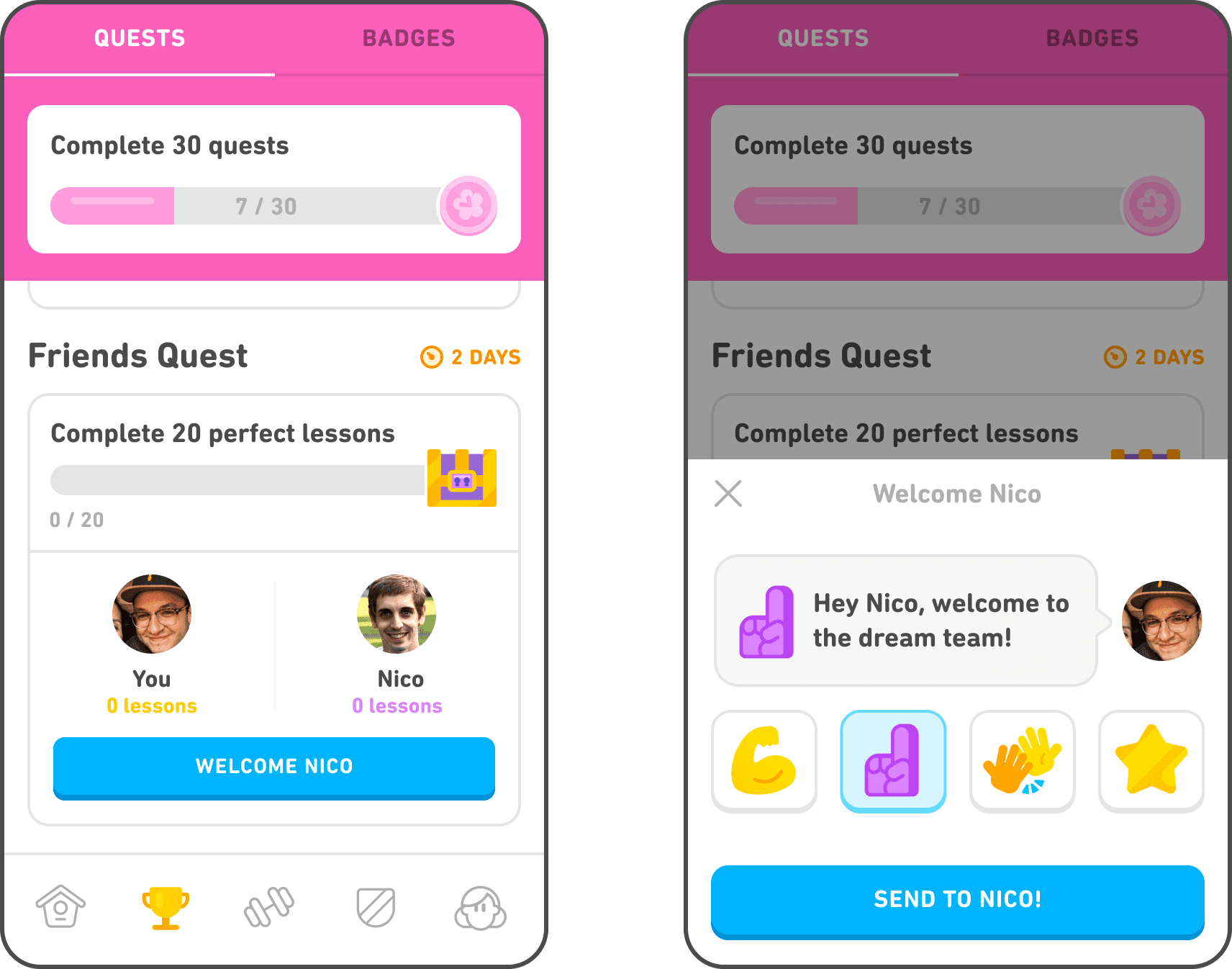 Duolingo Friends Quest screens showing a shared challenge, progress bar, friend avatars, and a welcome message