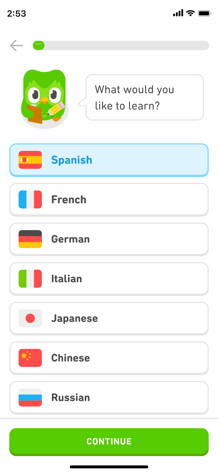 Duolingo onboarding screen asking what the learner would like to learn, with language choices and a continue button
