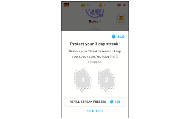 Duolingo streak freeze screen showing a learner protecting a three-day streak with two freeze slots