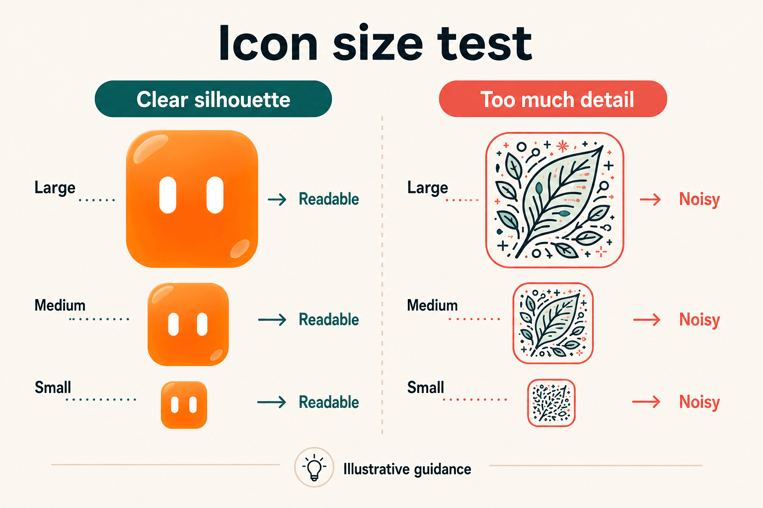 Illustrative comparison of a clear MascoFast app icon silhouette and a detailed fictional icon at large, medium, and small sizes