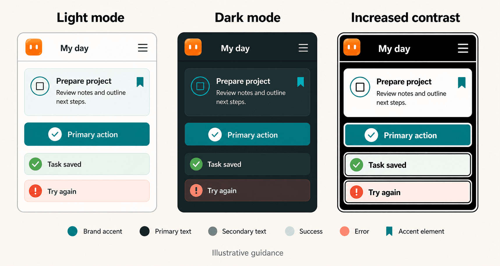 Illustrative fictional app interface adapted for light mode, dark mode, and increased contrast using shared brand roles