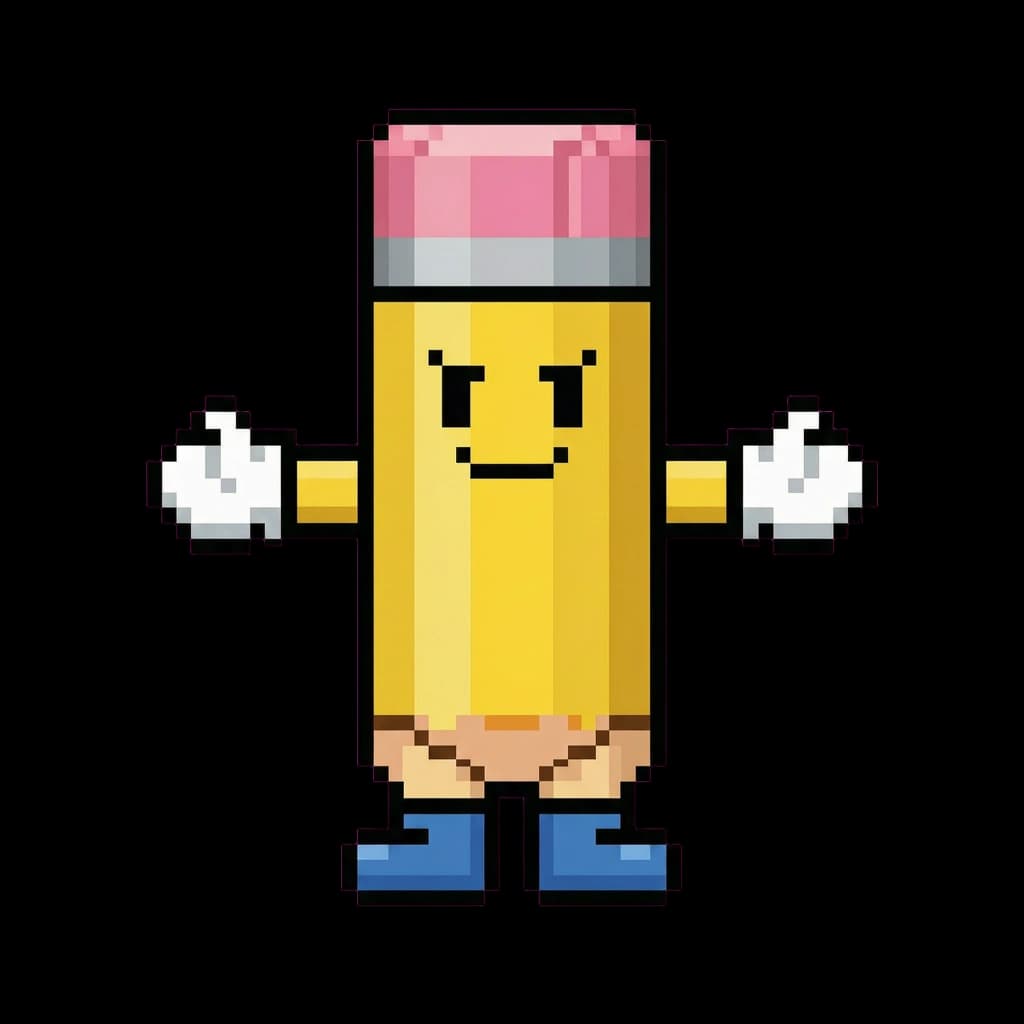 Pogo the Pencil, a pixel art mascot for writing and homework practice