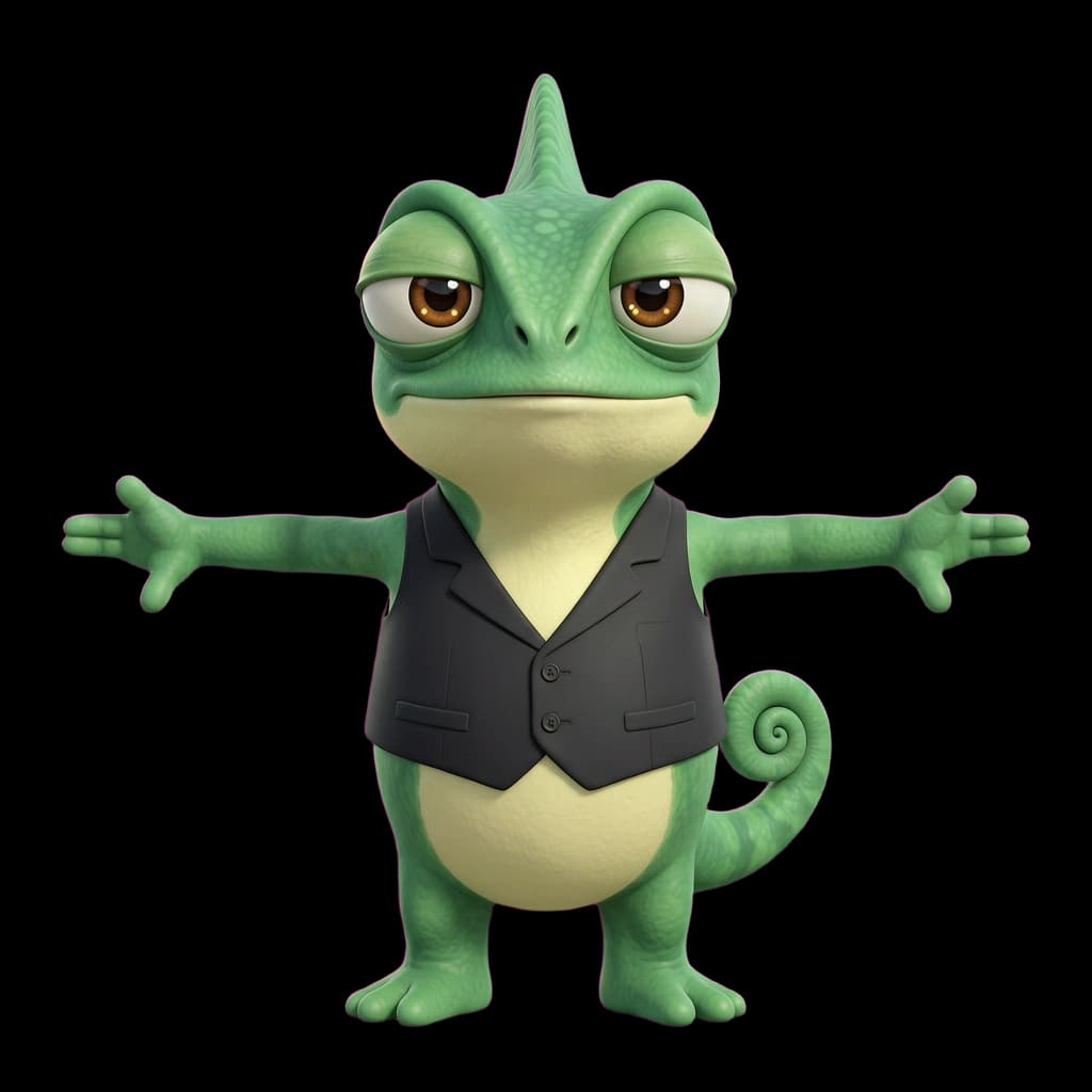 Professor Chroma, a strict but kind Pixar-style chameleon teacher mascot