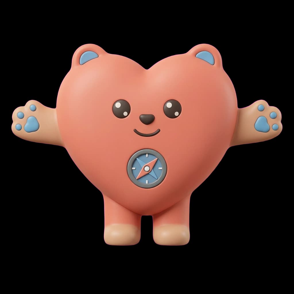 Cora the Compass Heart, a polished 3D wellness mascot for balanced movement