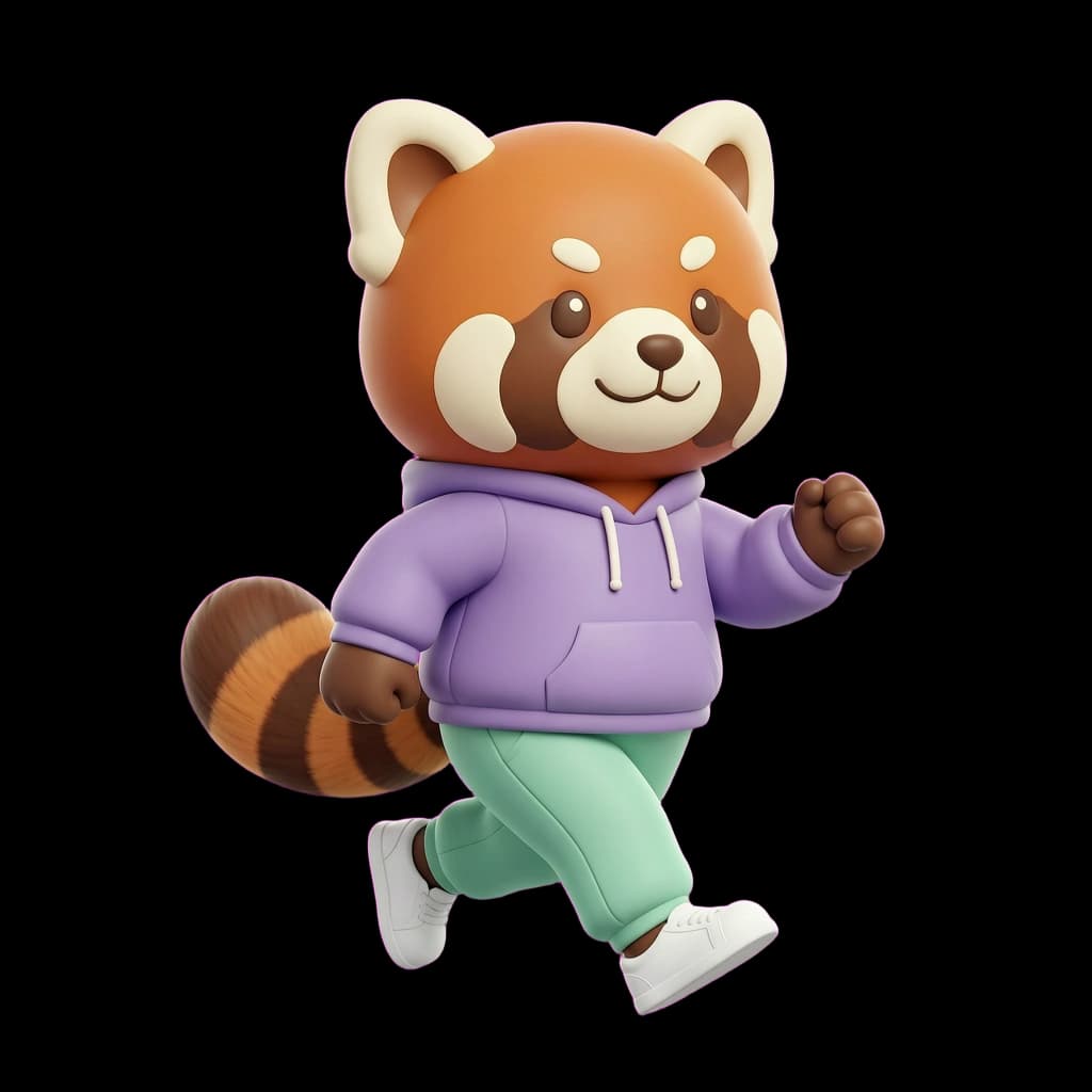 Nori the Panda, a russet plushie jogging mascot in a lavender running outfit