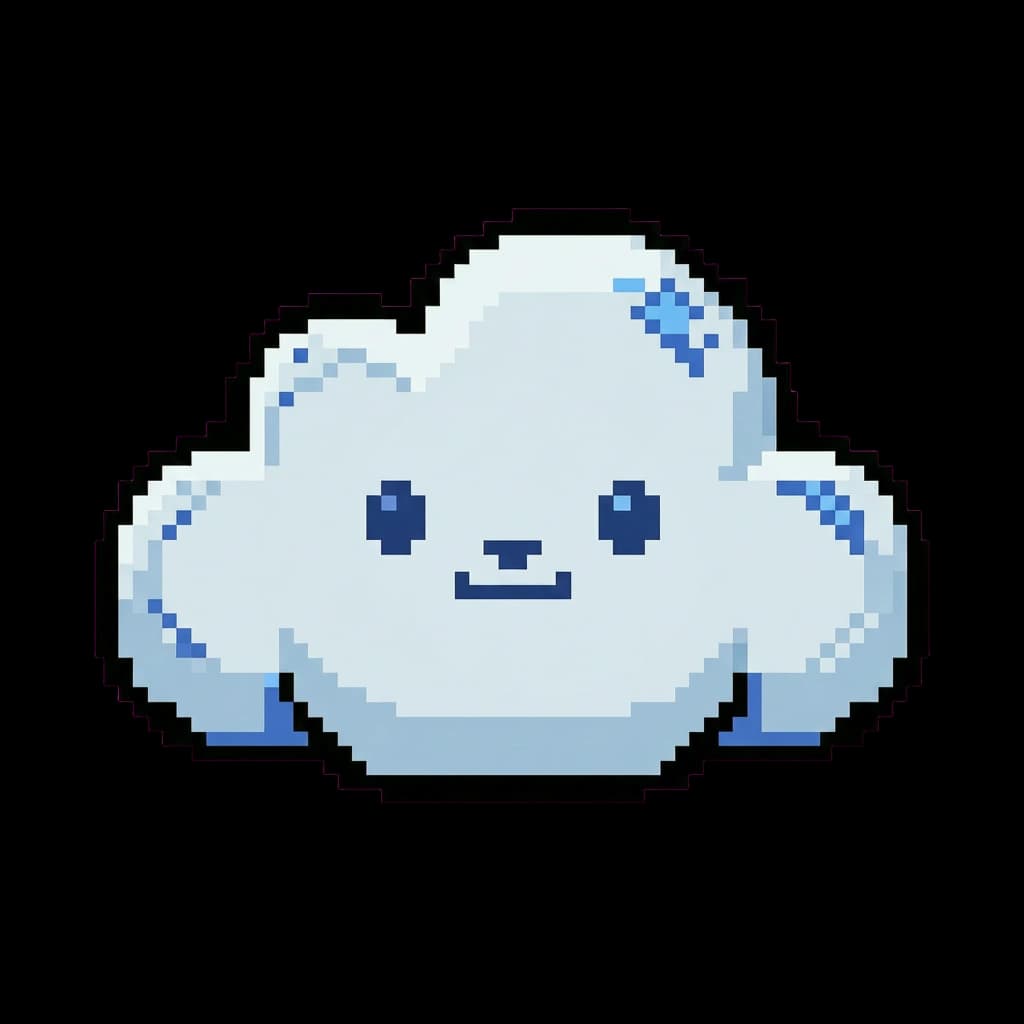 Nimbus the Cloud, a floating pixel art mascot without arms or legs