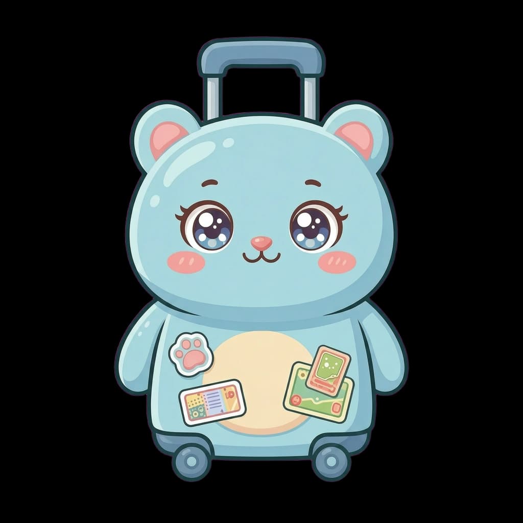 Pico the Suitcase, a kawaii rolling luggage mascot without arms or legs