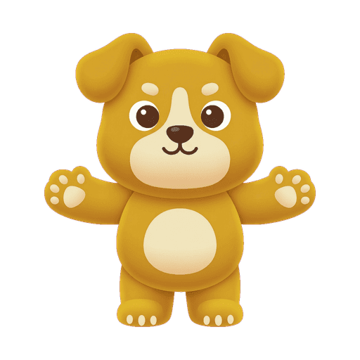 Dog mascot in the Plushie art style shown as a calm wellness companion